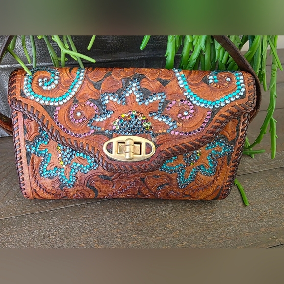 Rare Roth And Madge Handtooled Leather Swarovski Crystal Bag- Collectable OOAK - Picture 9 of 15